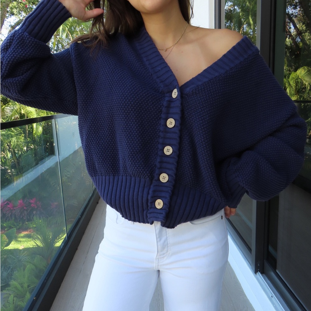 Free People Blue Cropped Cardigan Sweater